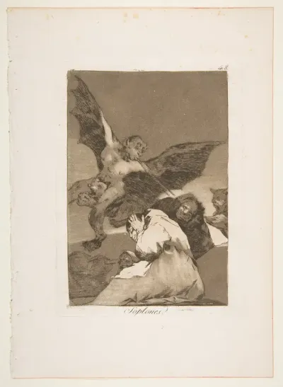 Plate 48 from "Los Caprichos": Tale-Bearers--Blasts of Wind (Soplones)