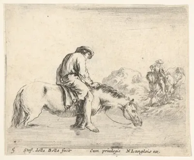 Plate 5: a barefoot peasant on horseback crossing a river, another peasant on horseback and leading a horse on a bank to right in the background, from "Diversi Capricci"