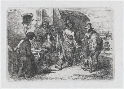 Plate 5: a drunk and dishevelled man dancing in the street surrounded by a group of onlookers, from "Customs and Pastimes of the Spanish People"