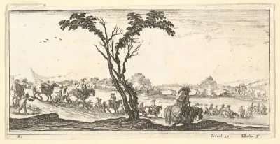 Plate 5: a procession of horsemen crossing a river, a tree at center, from "Troops, cannons, and attacks on towns" (Dessins de quelques conduites de troupes, canons, et ataques de villes)