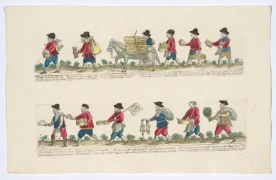 Plate 5 depicting the trades of Rome, here including vendors of pomegranites, bowls, onions etc, from the 'Descrición de las artes que se llaman para los calles de la ciudad de Roma'