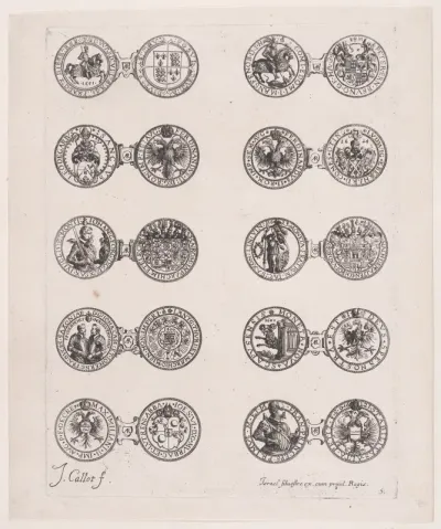 Plate 5, Featuring 10 Coins Issued by European Princes in the 16th and 17th centuries, from "Les Monnaies" (The Currencies)