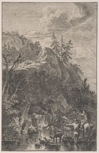 Plate 5: female figure on horseback and a male figure with a dog standing in a stream, pointing to a waterfall at left in the background, from 'Landscapes in the manner of Salvator Rosa' (Die Landschaften in Sal. Rosa's)