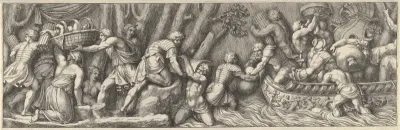 Plate 5: figures unloading goods from a boat at the right