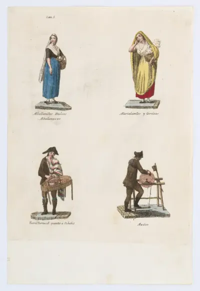 Plate 5: four street vendors from Madrid selling sweet albellanitas dulces, alacalienties, tender cuts and a knife grinder, from 'Los Gritos de Madrid' (The Cries of Madrid)