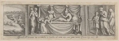 Plate 5: Isaac telling Esau to hunt for meat at left and Jacob and Rebekah at right, from Genesis 27, after a lost fresco in the basamento of Bay 5 of the Vatican Loggia