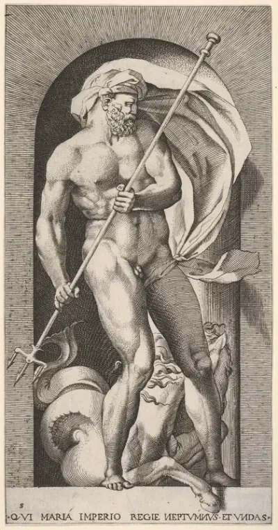 Plate 5: Neptune standing in a niche holding a trident, with a hippocampus (sea-horse) behind him, from "Mythological Gods and Goddesses"