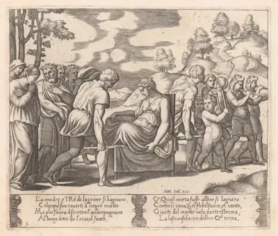 Plate 5: Psyche, seated, being taken to a mountain with a musical troupe leading the way, from "The Story of Cupid and Psyche as told by Apuleius"