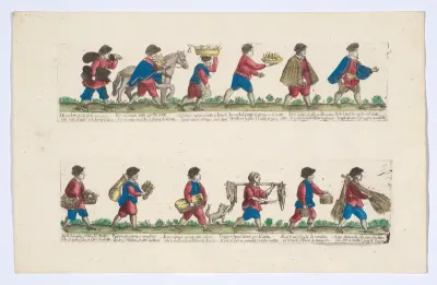 Plate 5 (second group) depicting the trades of Rome, here including vendors of coal, cheese, tripe etc, from the 'Descrición de las artes que se llaman para los calles de la ciudad de Roma'