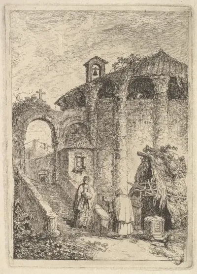 Plate 5: The Ancient Temple: a woman descending a staircase at left and giving alms to a beggar, a rotunda at right, from "Les soirées de Rome"