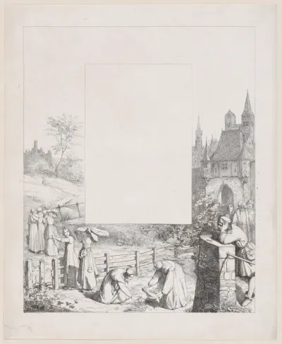 Plate 5: women collecting plants and carrying them over their heads, a male onlooker at right and a castle at right in the background, from "Lieder eines Malers mit Randzeichnungen seiner Freunde"