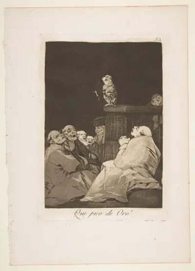 Plate 53 from "Los Caprichos": What a golden beak! (Que pico de Oro!)