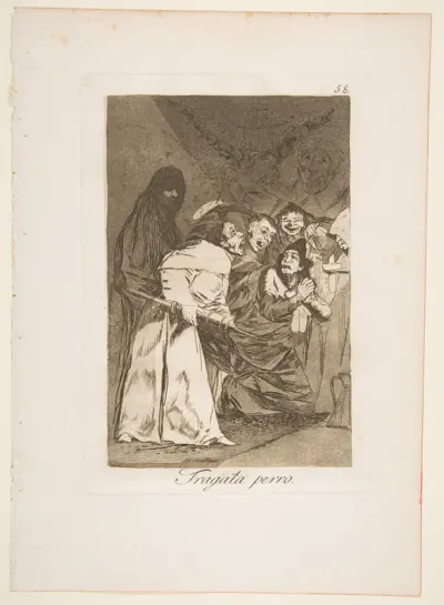 Plate 58 from "Los Caprichos": Swallow it, dog (Tragala perro)