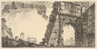 Plate 6: 1. Arch of Titus. 2. Villa Farnese. 3. Columns of the Temple of Jupiter Stator (the Supporter). 4. Arch of Septimus Severus. 5. Temple of Peace. (1. Arco di Tito in Roma. 2. Villa Farnese. 2. Colon.e. del Tem.o di G.ve St.re. 4. Ar.co di Set