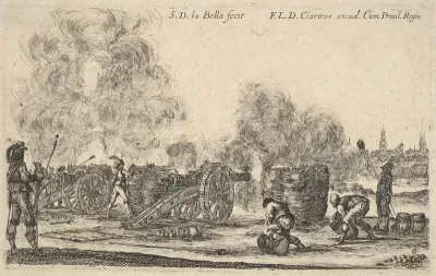 Plate 6: A battery of cannons firing on a town, from "Various Military Caprices" (Varii capricci militari)