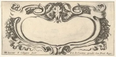 Plate 6: a cartouche with a ram skull at top center, grapes and other fruits to either side, from "Twelve cartouches" (Recueil de douze cartouches)