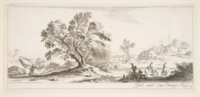 Plate 6: a fisherman carrying a net to left, two horsemen in a stream to right, a tree in center, a castle in ruins to right in the background, from 'Various landscapes' (Divers paysages)