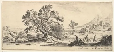 Plate 6: a fisherman carrying a net to left, two horsemen in a stream to right, a tree in center, castle ruins to right in the background, from "Various Landscapes" (Divers Paysages)