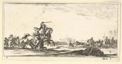 Plate 6: a skirmish between two horsemen to left, a dead man on the ground to the right, combat in the background, from "Troops, cannons, and attacks on towns" (Dessins de quelques conduites de troupes, canons, et ataques de villes)