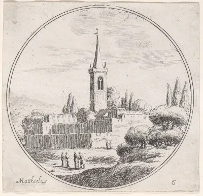 Plate 6: church steeple at center, with groups of people standing in a landscape below