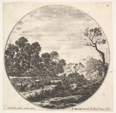 Plate 6: cows crossing a valley to left, a group of trees to left, a horseman and other cows in the background, from "Roman landscapes and ruins" (Paysages et ruines de Rome)