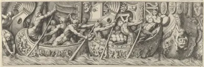 Plate 6: figures in boats decorated with mythological subjects using poles to propel them