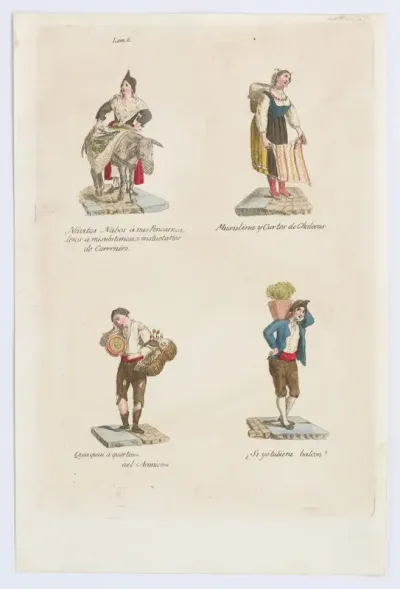 Plate 6: four street vendors from Madrid selling navitos, muslin, fans, plants, from 'Los Gritos de Madrid' (The Cries of Madrid)