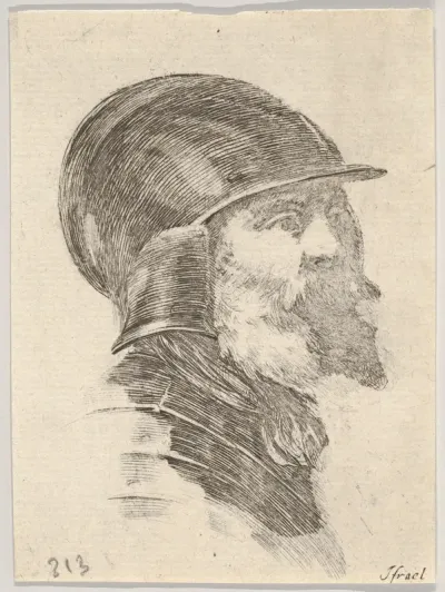 Plate 6: Head of an old bearded soldier wearing a helmet, facing right, from "Various heads and figures" (Diverses têtes et figures)