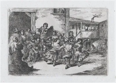 Plate 6: people dancing in the street accompanied by musicians, from "Customs and Pastimes of the Spanish People"