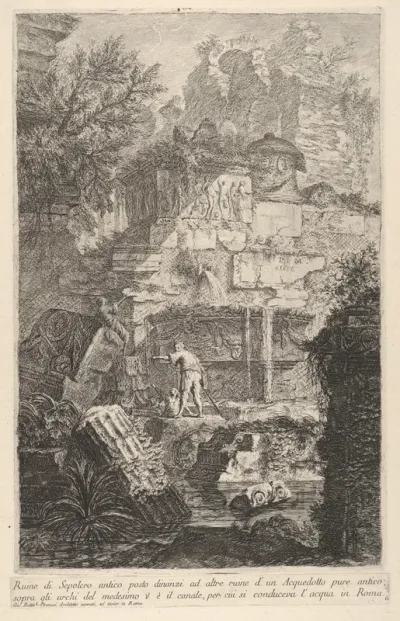 Plate 6: Ruins of an ancient tomb in front of ruins of an ancient aqueduct (...), from "Part one of architecture and perspectives: drawn and etched by Gio. Batt'a Piranesi, Venetian Architect: dedicated to Nicola Giobbe" (Prima parte di Architetture,