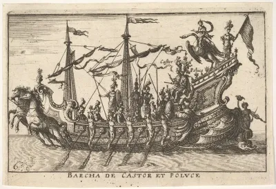 Plate 6: Ship of Castor and Pollux (Barcha de Castor et Poluce), from "The magnificent pageant on the river Arno in Florence for the marriage of the Grand Duke" (Le Magnifique carousel fait sur le fleuve de l'Arne a Florence, pour le mariage du Grand