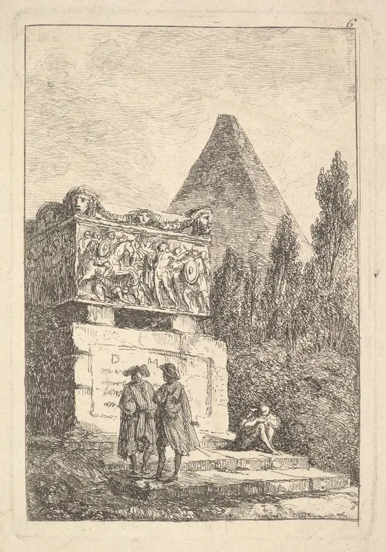 Plate 6: The Sarcophagus: two men conversing to left, another man seated and sleeping to right, an ancient sarcophagus to left decorated with reliefs, a pyramid to right in the background half-hidden by cyprus trees, from "Les soirées de Rome"