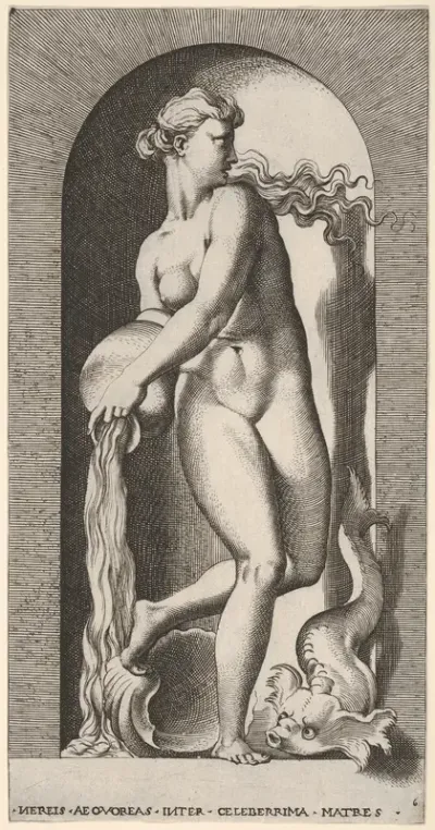 Plate 6: Thetis standing in a niche with a shell and sea creature, pouring water out of a vase, looking to her left, from "Mythological Gods and Goddesses"