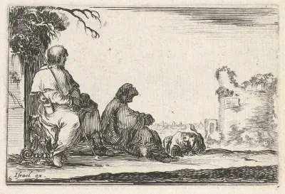 Plate 6: Two seated pilgrims and one laying down to left, a tower in ruins to right in the background, from "Caprice faict par de la Bella"