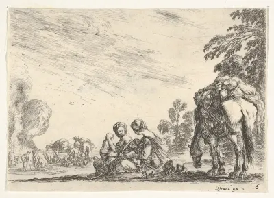 Plate 6: two women, one nursing a child, seated next to a dog and a horse carrying a pack, horses and figures to left in the background, from "Various Figures" (Agréable diversité de figures)