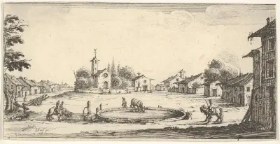 Plate 6: view of a village with a horse trough in center, horses and houses to either side, a church in center background