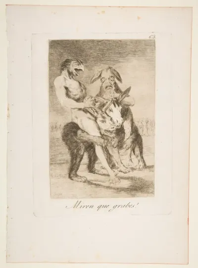 Plate 63 from "Los Caprichos": Look how solemn they are! (Miren que grabes!)