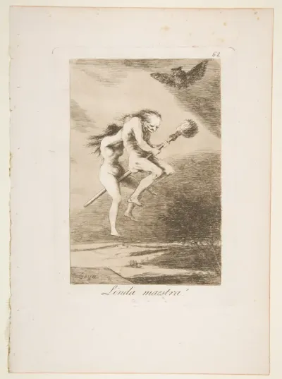 Plate 68 from "Los Caprichos": Pretty teacher! (Linda maestra!)