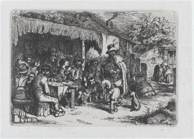 Plate 7: a street musician and a child accomplice playing before a group of seated figures, from "Customs and Pastimes of the Spanish People"