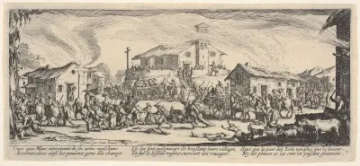 Plate 7: A town being sacked with church in the background, from "The Large Miseries of War" (Les misères et les malheurs de la guerre)