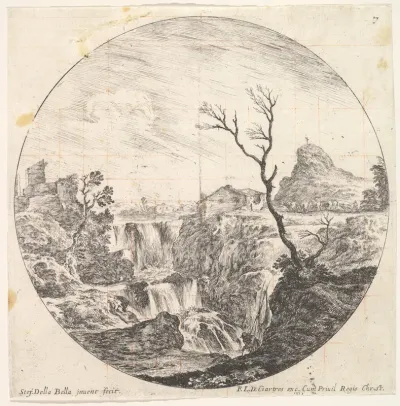 Plate 7: a triple waterfall, a dead tree to right, a mountain and a herd of cows to right in the background, from "Roman landscapes and ruins" (Paysages et ruines de Rome)