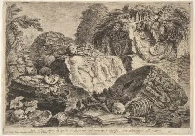 Plate 7: Ancient altar on which sacrifices were performed in antiquity, surrounded by other ruins (Ara antica sopra la quale si facevano anticamente i sagrifizi, con altre ruine all' intorno), from "Part one of architecture and perspectives: drawn an