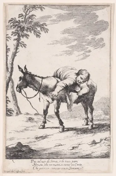 Plate 7: Bertoldino lying on a donkey, from "Bertoldo, Bertoldino, and Cacasenno"