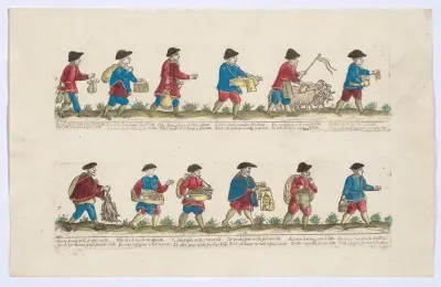 Plate 7 depicting the trades of Rome, here including vendors of books, chestnuts, portraits etc, from the 'Descrición de las artes que se llaman para los calles de la ciudad de Roma'
