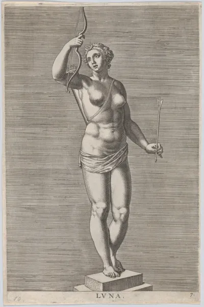 Plate 7: Diana; statue of the nude goddess standing on a socle, wearing a crescent moon in her hair and holding a bow and arrow; from "Statues of Roman Gods"