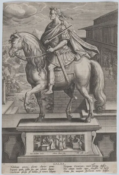 Plate 7: equestrian statue of Galba, in profile to the left, with a beheading scene in the background, from 'Roman Emperors on Horseback'