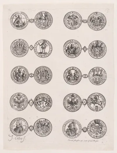 Plate 7, Featuring 10 Coins Issued by European Princes in the 16th and 17th centuries, from "Les Monnaies" (The Currencies)