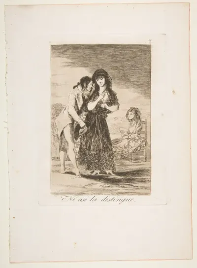Plate 7 from "Los Caprichos": Even thus he cannot make her out (Ni asi la distingue)