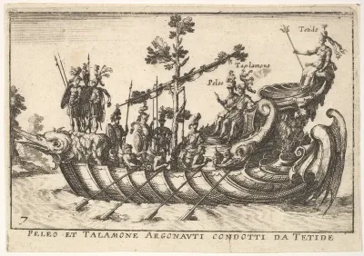 Plate 7: Peleo et Talamone Argonauti condotti da Tetide, from "The magnificent pageant on the river Arno in Florence for the marriage of the Grand Duke" (Le Magnifique carousel fait sur le fleuve de l'Arne a Florence, pour le mariage du Grand Duc)