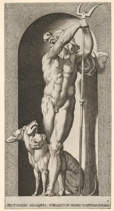 Plate 7: Pluto in a niche, holding a bident, with Cerberus next to him, from "Mythological Gods and Goddesses"